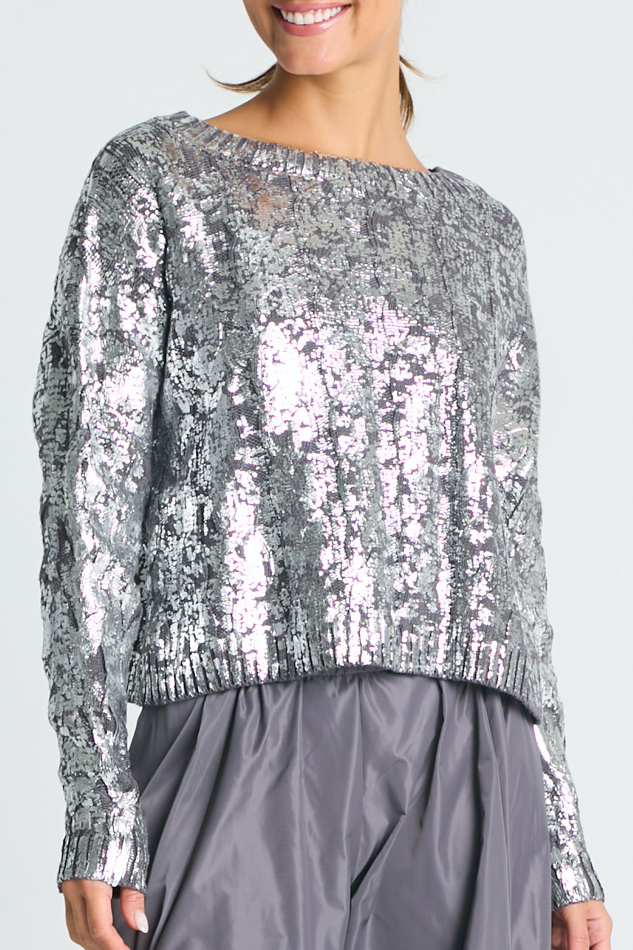 Pima Cotton Mini Foil Cable Crewneck Sweater