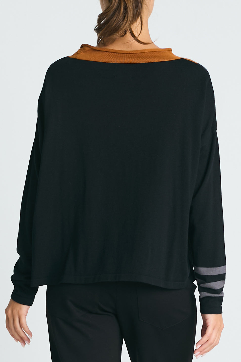 Pima Cotton Triple Stripe Crewneck Collared Sweater