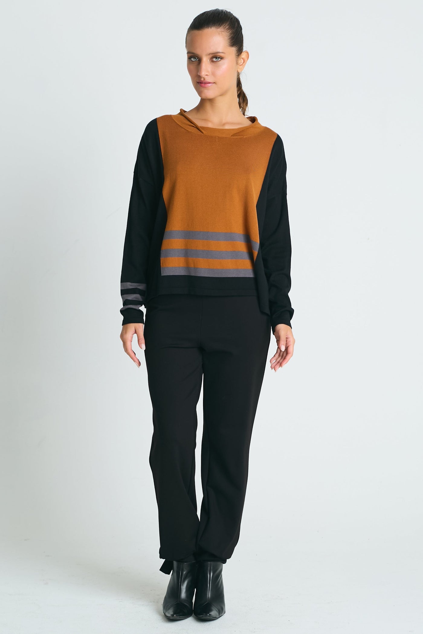 Pima Cotton Triple Stripe Crewneck Collared Sweater