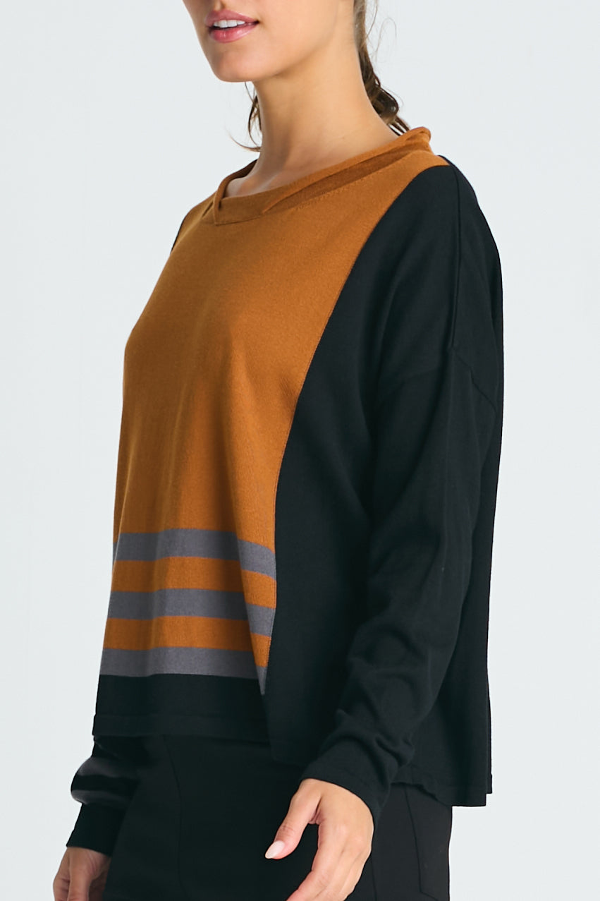Pima Cotton Triple Stripe Crewneck Collared Sweater