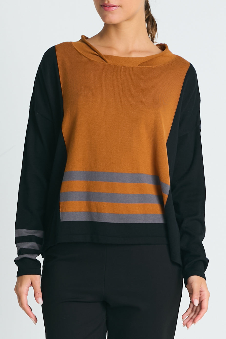 Pima Cotton Triple Stripe Crewneck Collared Sweater