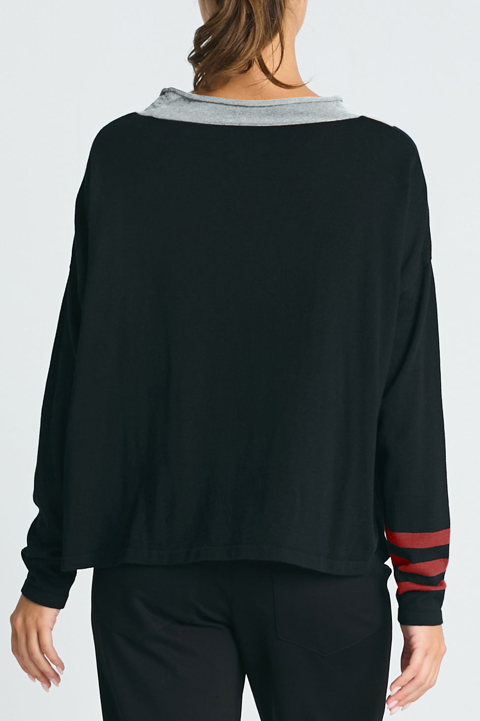 Pima Cotton Triple Stripe Crewneck Collared Sweater