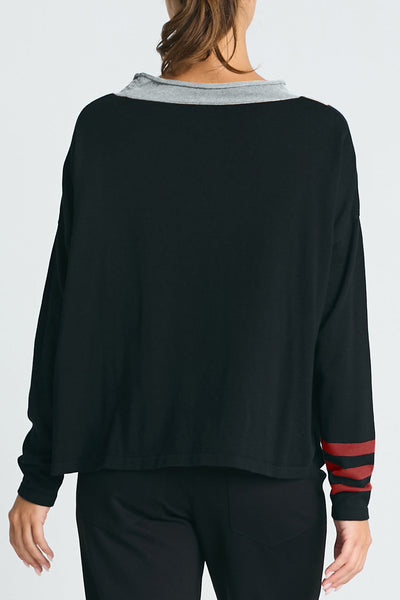 Pima Cotton Triple Stripe Crewneck Collared Sweater