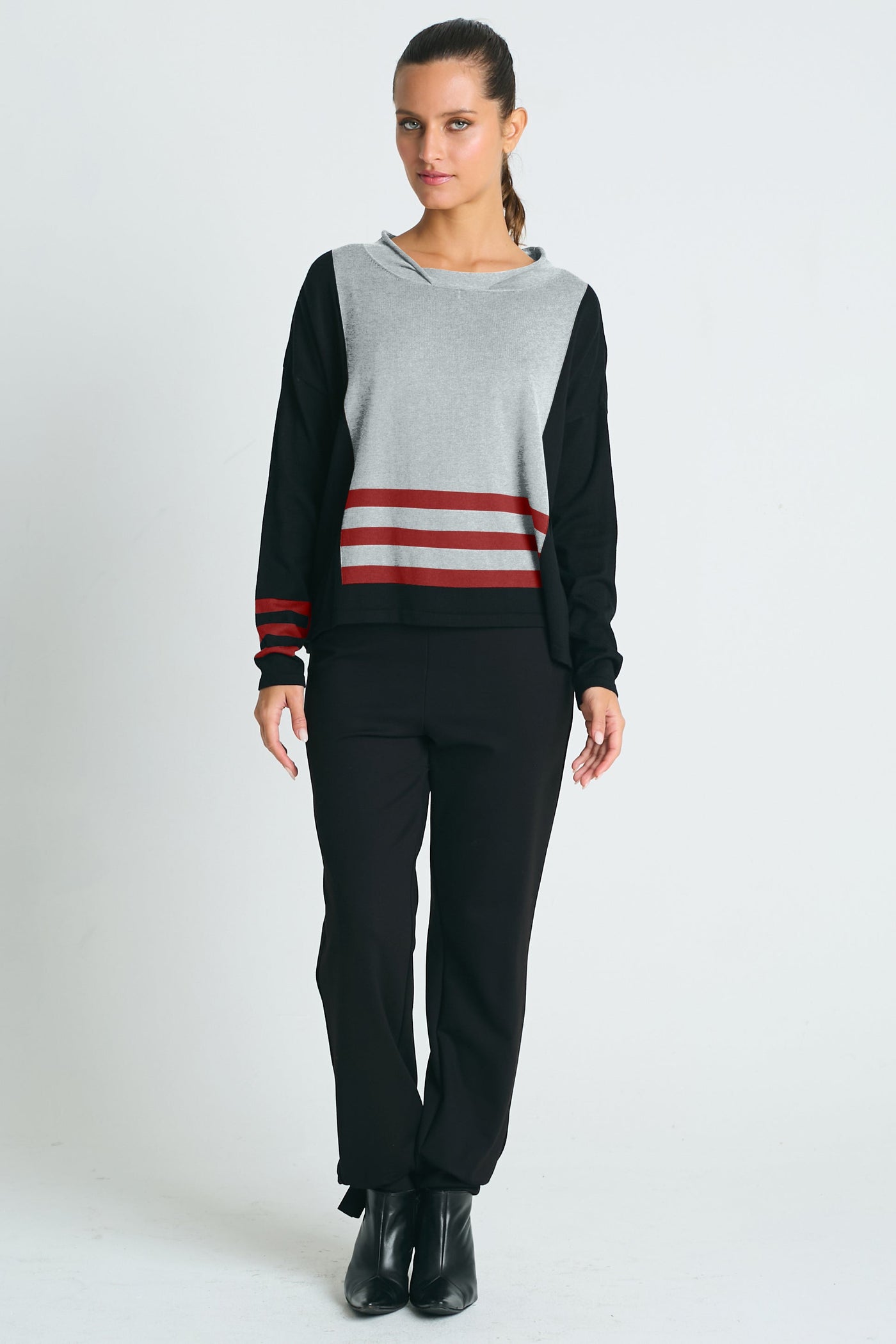 Pima Cotton Triple Stripe Crewneck Collared Sweater