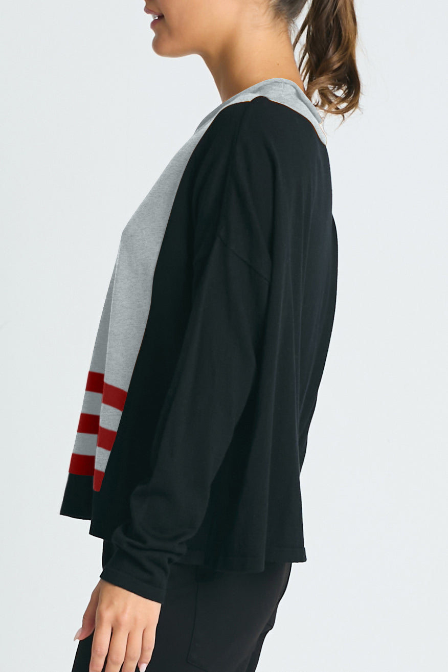 Pima Cotton Triple Stripe Crewneck Collared Sweater