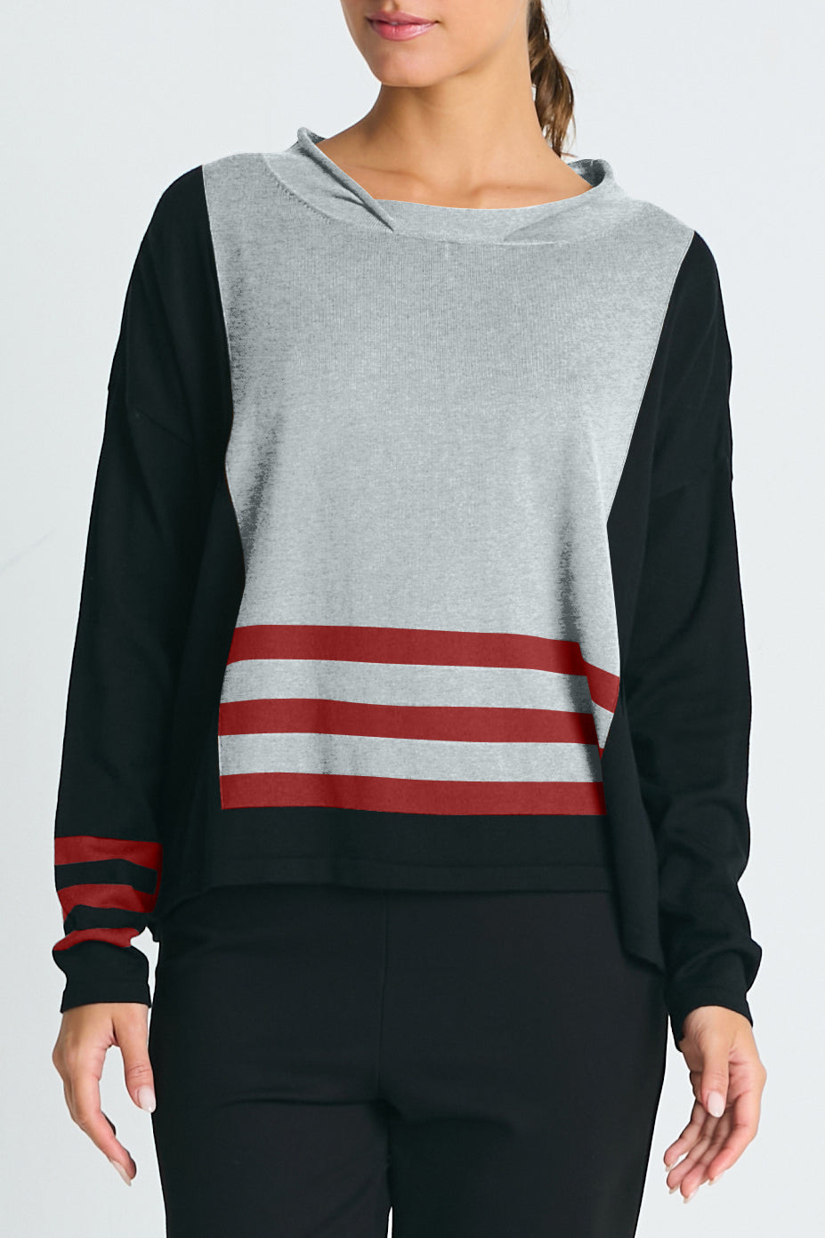 Pima Cotton Triple Stripe Crewneck Collared Sweater