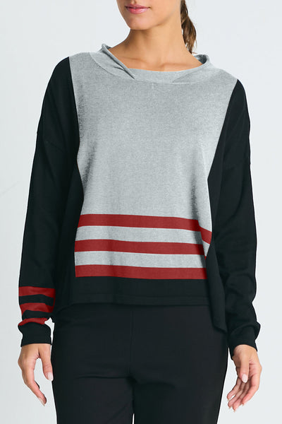 Pima Cotton Triple Stripe Crewneck Collared Sweater