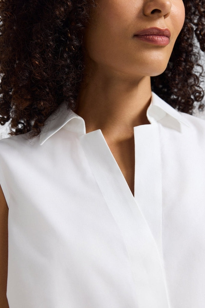 Close up of buttoned neck and collar of Taylor No Iron Stretch Sleeveless Shirt #color_white