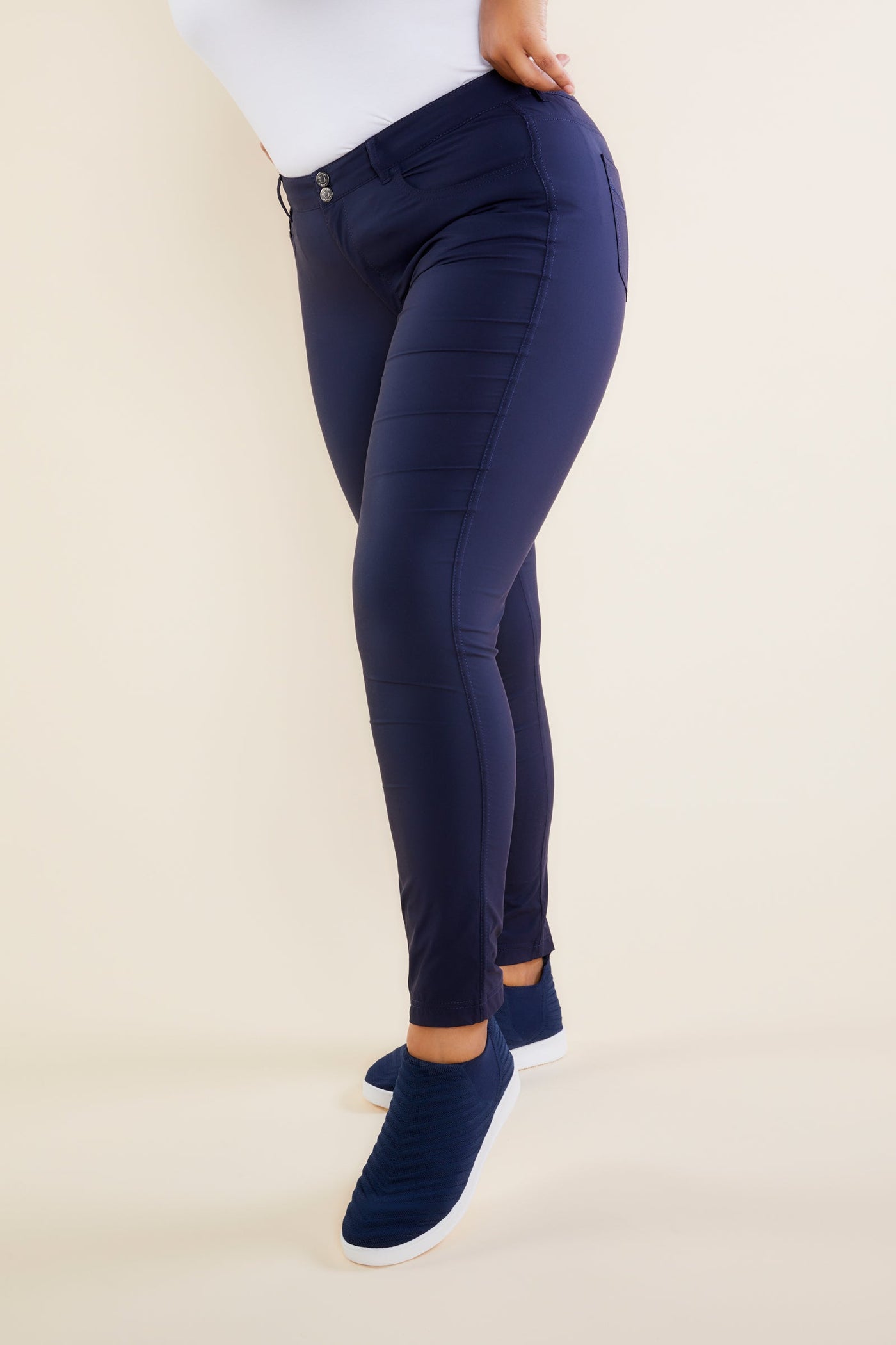 The Best Travel Pants. Front Profile of the Luisa Skinny Jean Pant in Navy