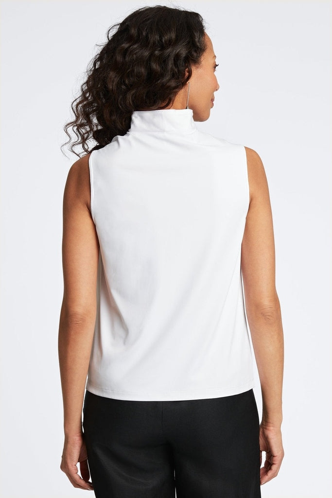 Back view of Sophisticated white Foxcroft no-iron shirt with sleeveless design for a flattering fit.