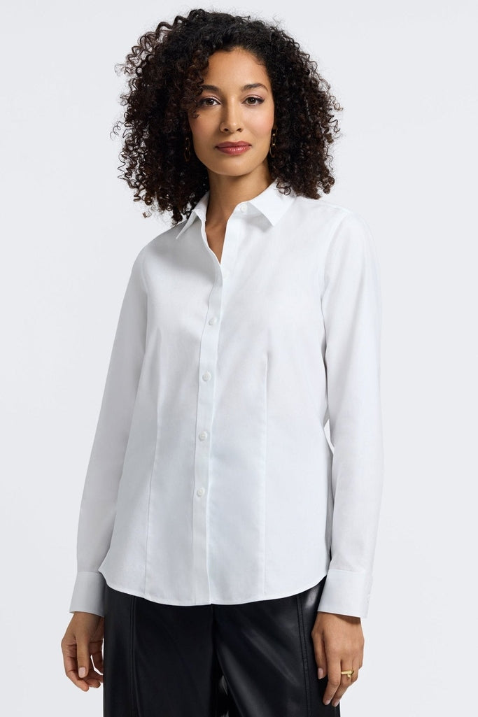 Front view of the Dianna No Iron Pinpoint Long Sleeve Shirt showing the flattering darts #color_white