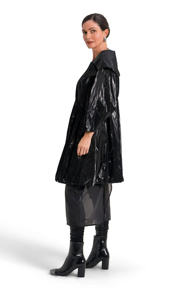 Vegan Crushed Patent Leather Emily Coat - Black
