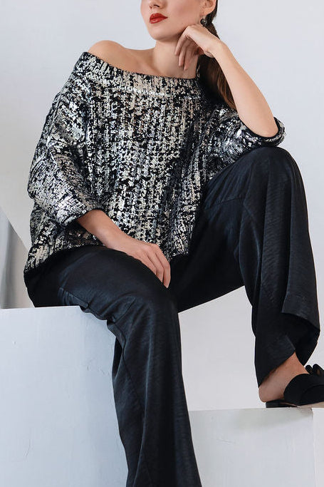 Cotton Metallic Crochet Boatneck Sweater