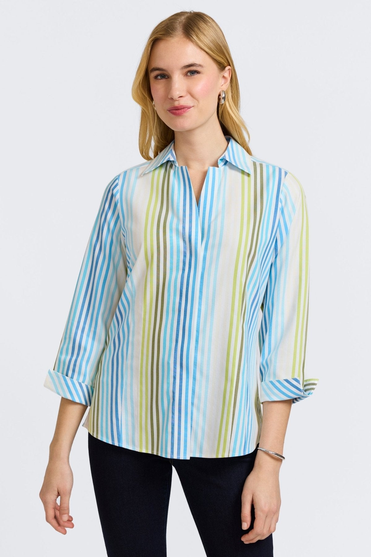 Taylor No Iron Pinpoint Ombre Stripe 3/4 Sleeve Shirt