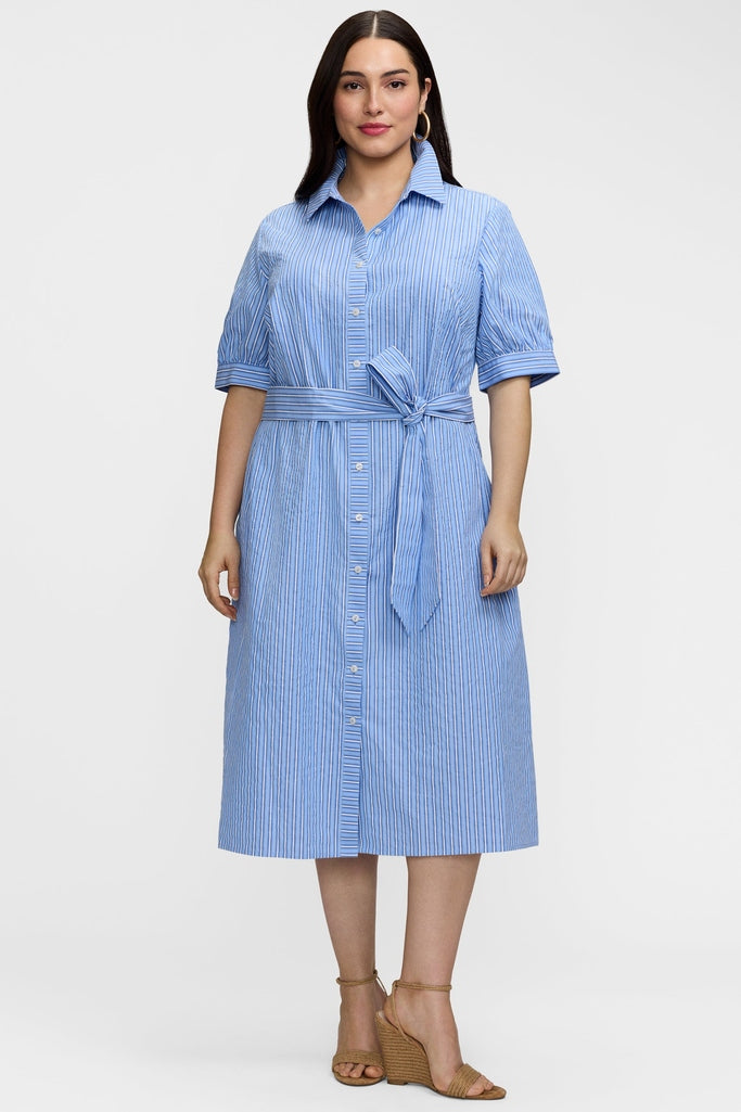 Esther Plus Blue Seersucker Elbow Sleeve Dress
