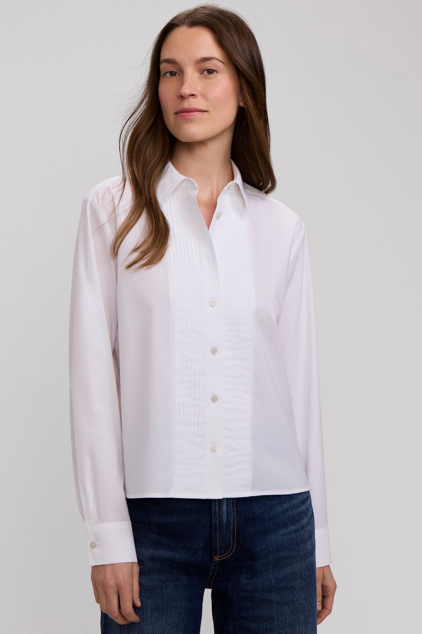 Jodie Stretch Cotton Long Sleeve Pintuck Short Shirt