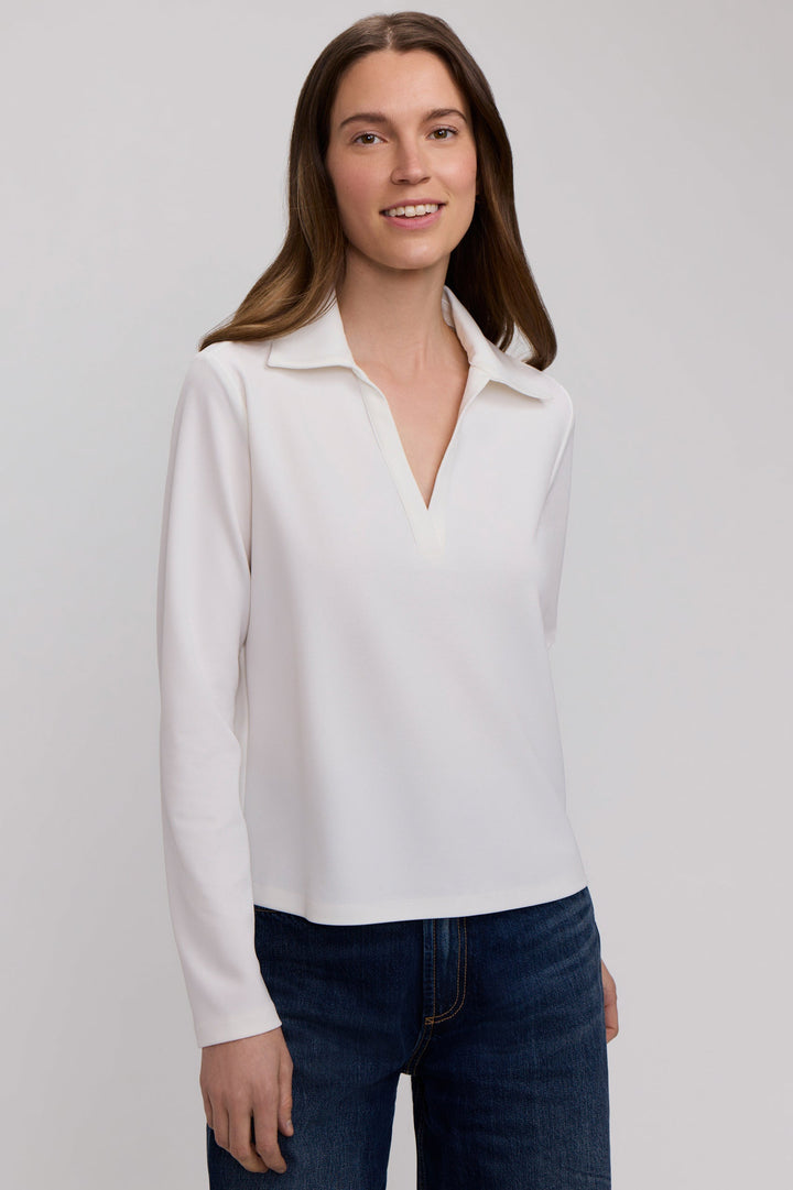 Talia Knit Crepe Long Sleeve Polo Top