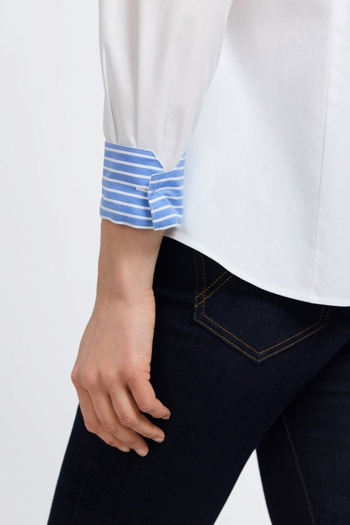 Close up of the folded cuff showing the blue and white pattern on the sleeve of the Dianna No Iron Pinpoint Long Sleeve Shirt