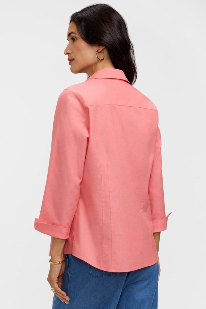 Rear view of the Taylor pinpoint 3/4 sleeve shirt in #color_coral reef
