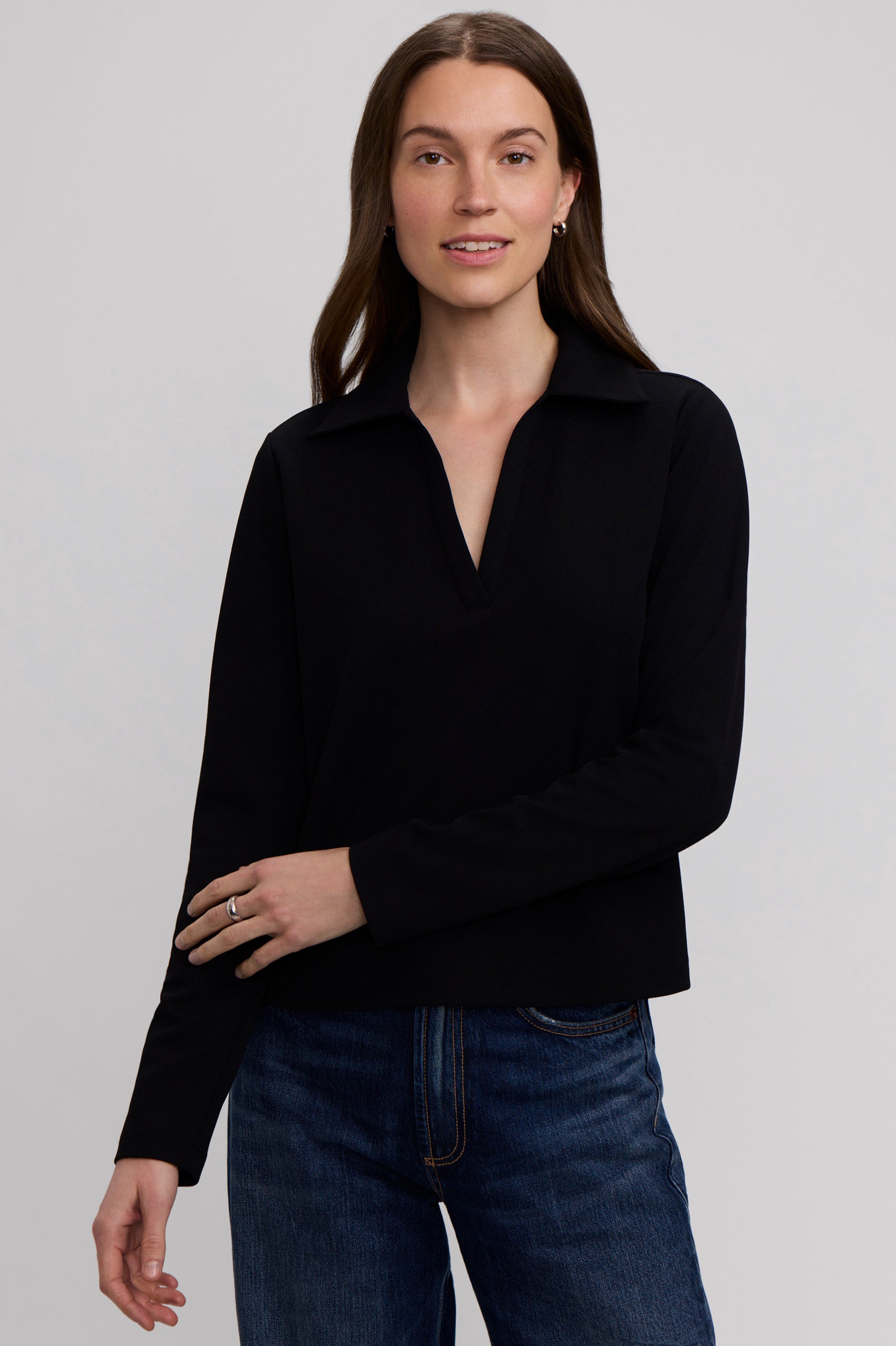 Talia Knit Crepe Long Sleeve Polo Top
