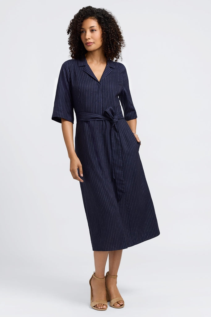 Aniston Pinstripe Linen Short Sleeve Dress