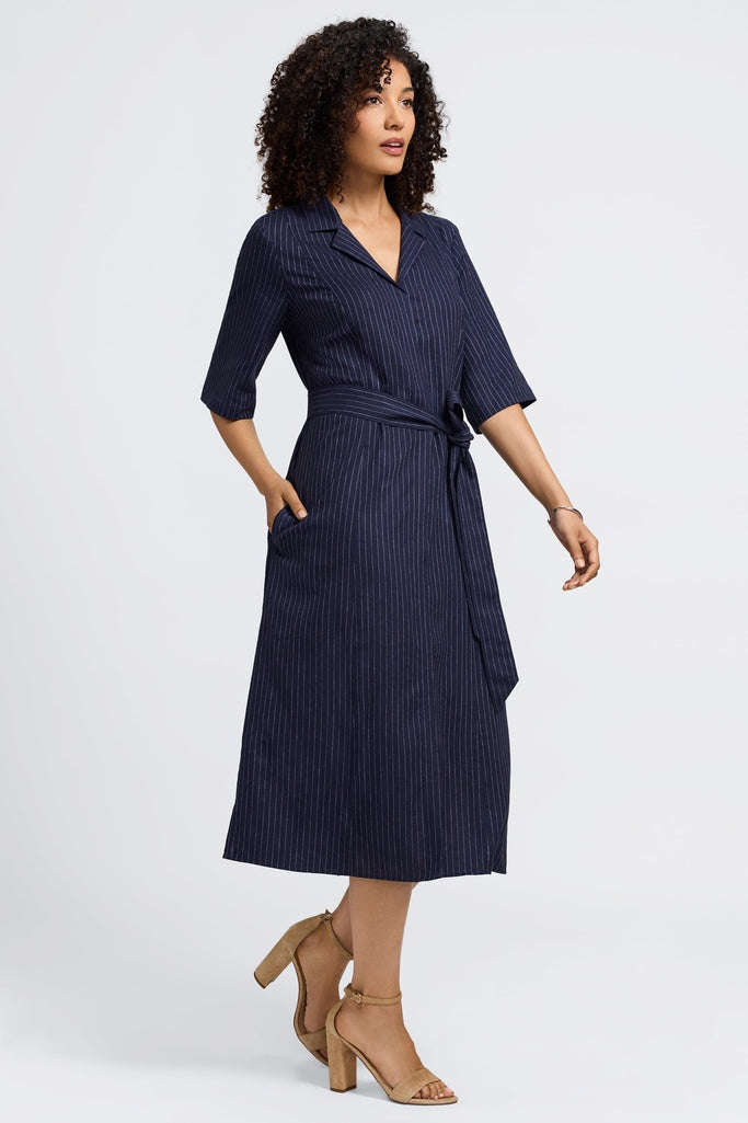 Aniston Pinstripe Linen Short Sleeve Dress