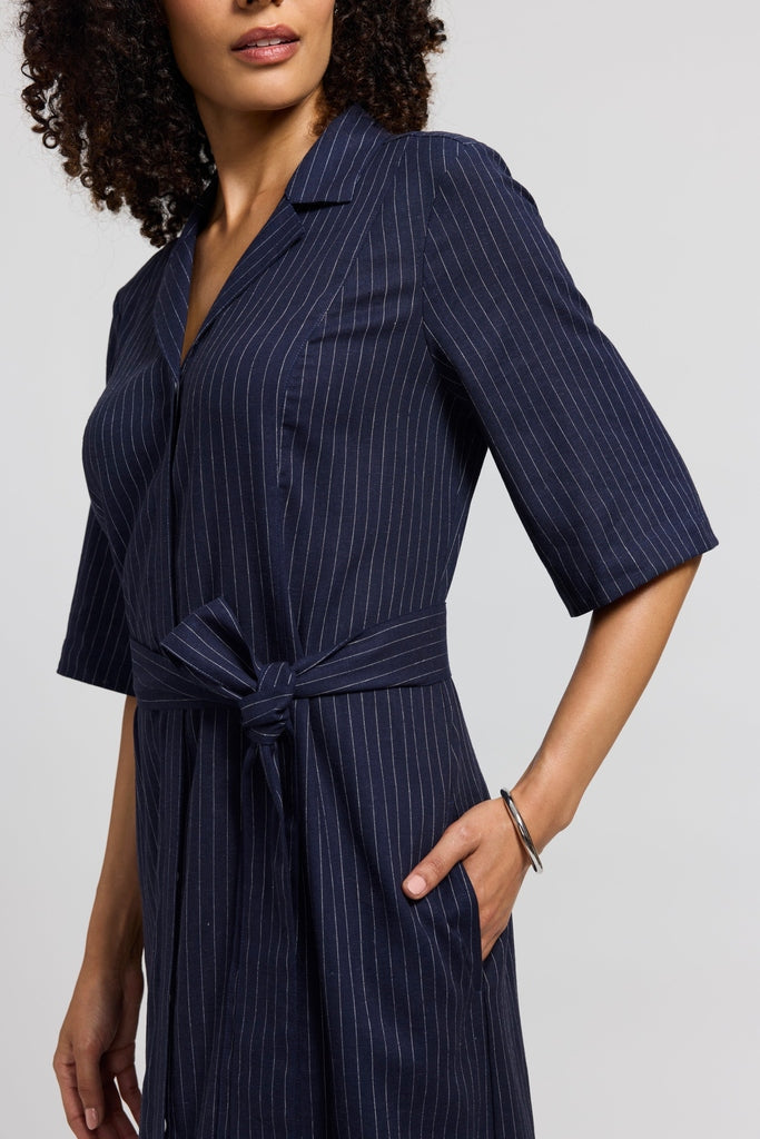 Aniston Plus Pinstripe Linen Short Sleeve Dress