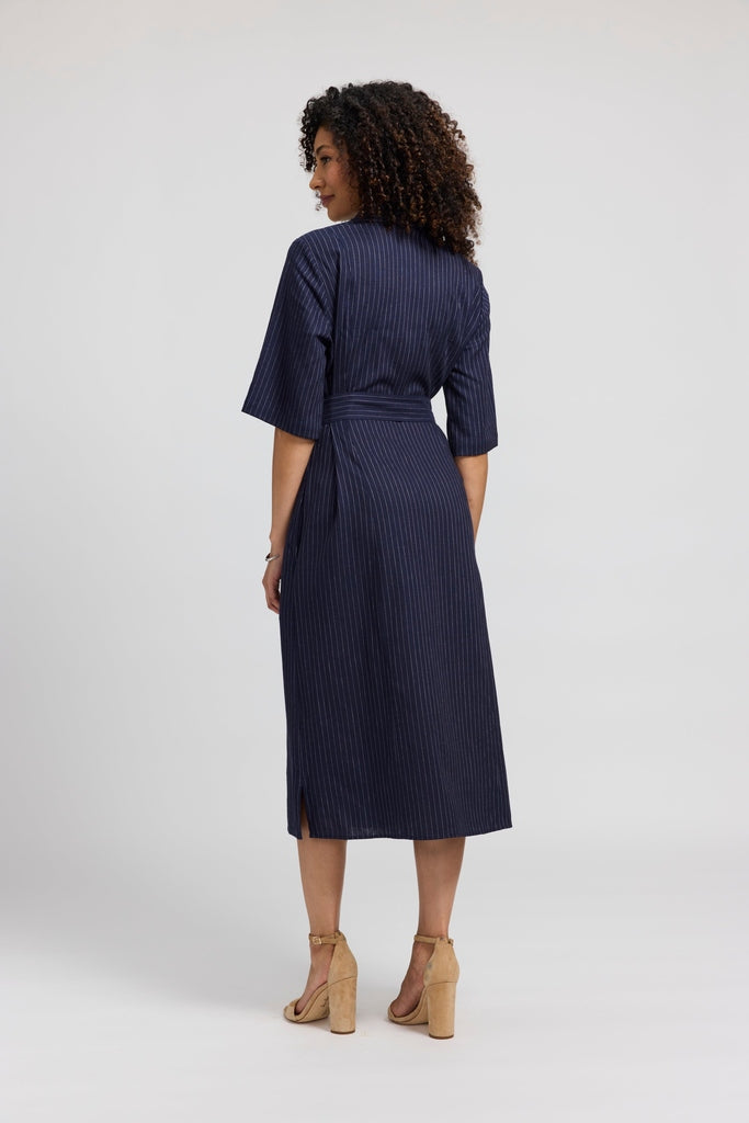 Aniston Pinstripe Linen Short Sleeve Dress