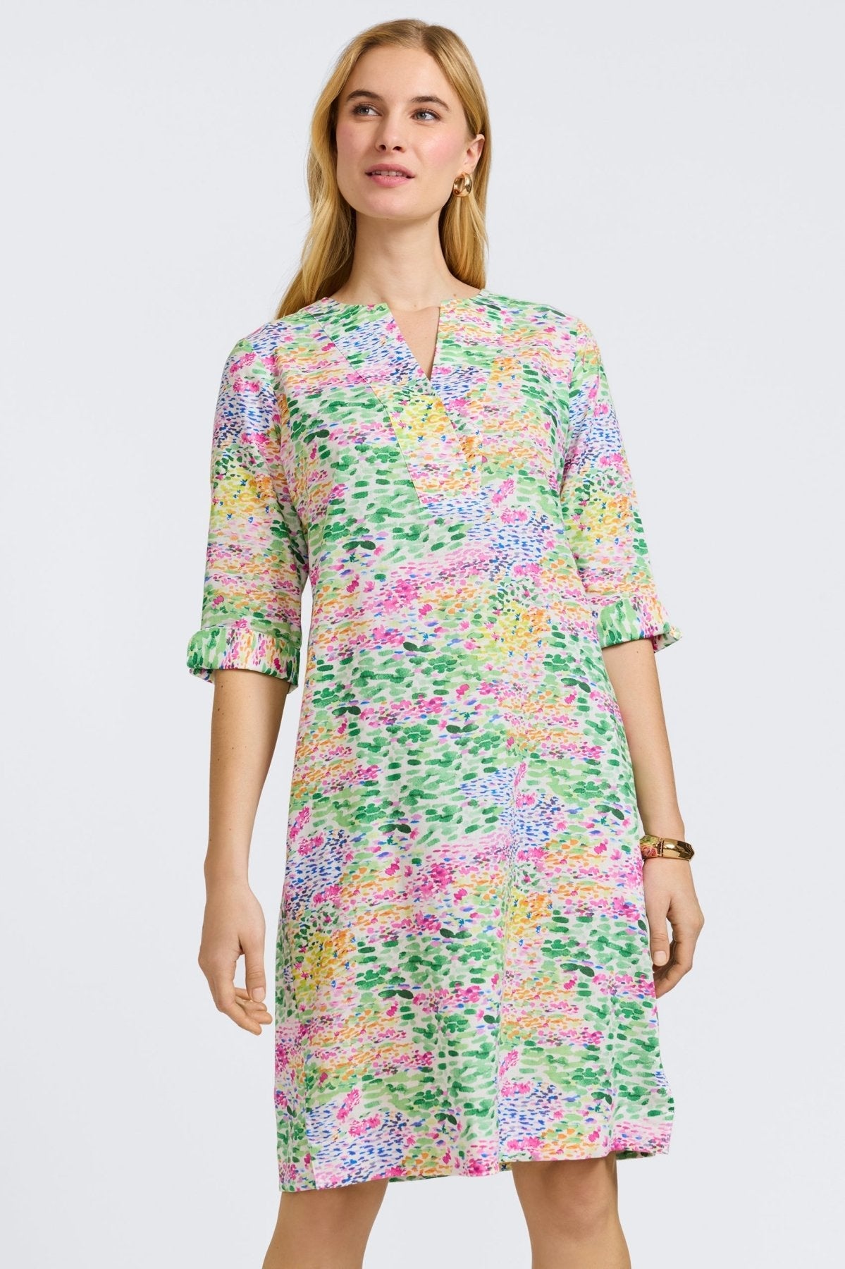 Vena Linen Impressionist Floral 3/4 Sleeve Dress