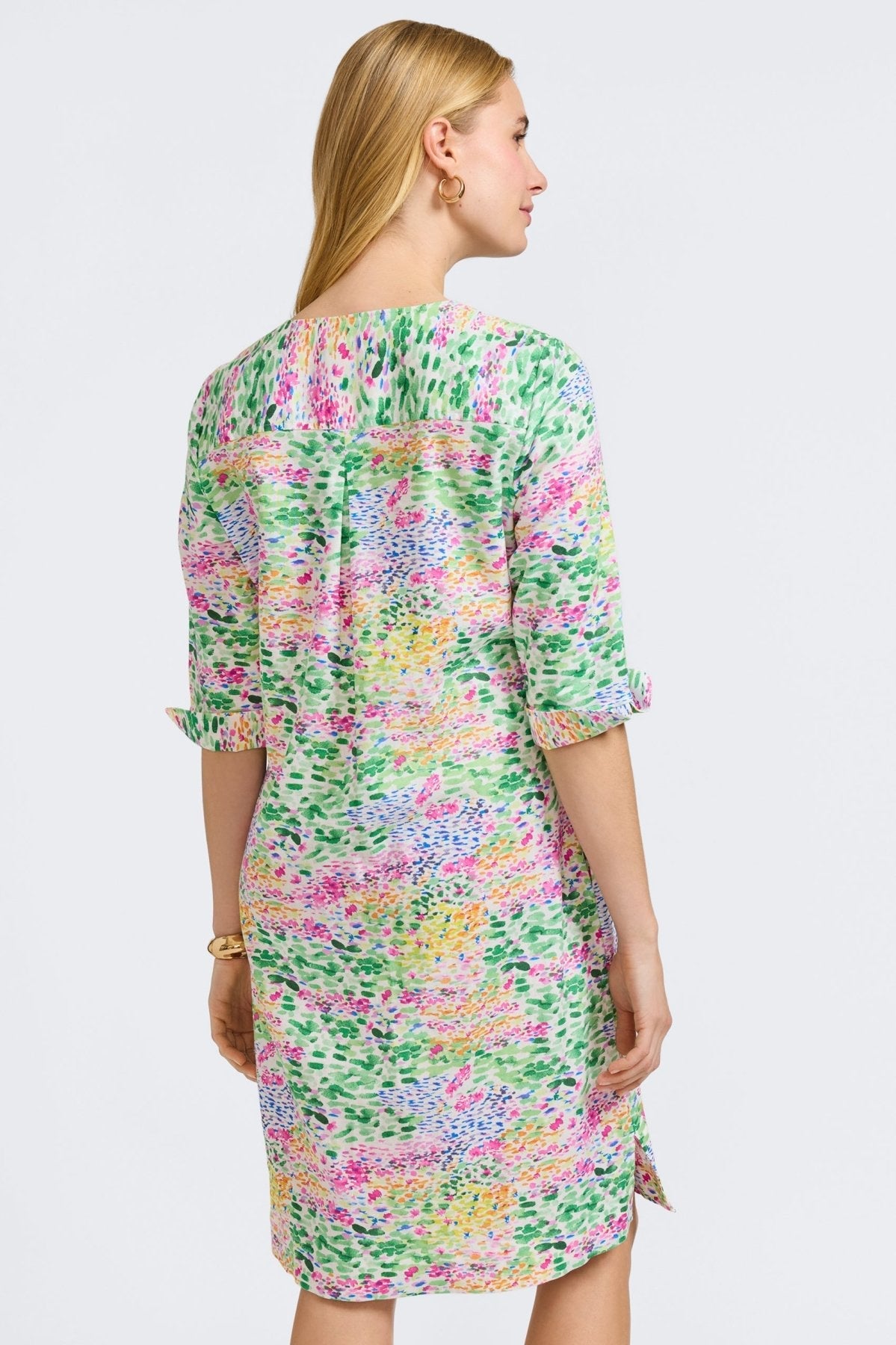 Vena Linen Impressionist Floral 3/4 Sleeve Dress