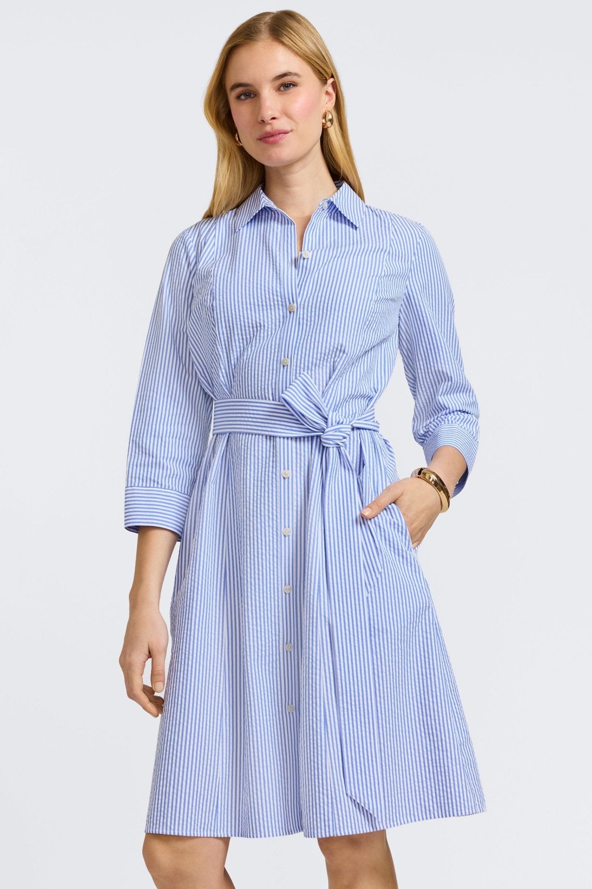 Fiona Seersucker Thin Stripe 3/4 Sleeve Dress