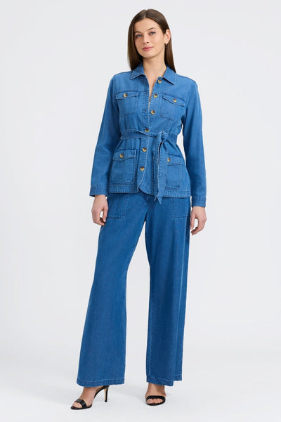 Woman in a jean wash Tencel jacket from Foxcroft, the perfect lightweight layer for laid-back, refined style.