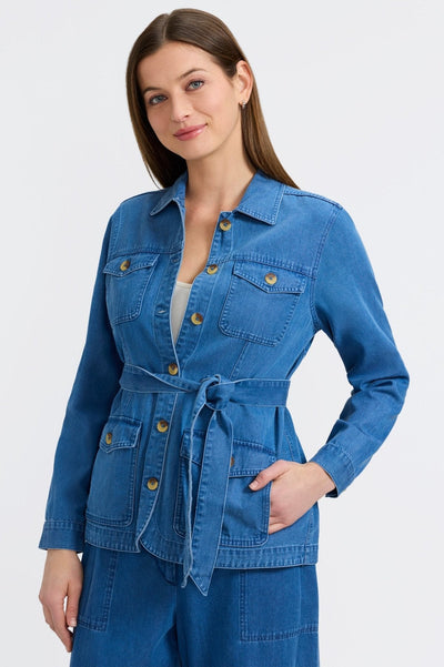Woman in a jean wash Tencel jacket from Foxcroft, the perfect lightweight layer for laid-back, refined style. (2)
