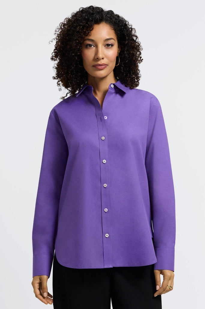 Front view of woman wearing the Meghan No Iron Pinpoint Long Sleeve Shirt #color_royal purple
