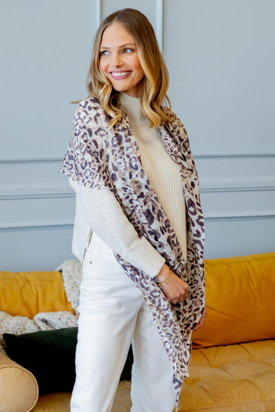 Model Wearing Alpine Cashmere's Leopard Scarf in Malt