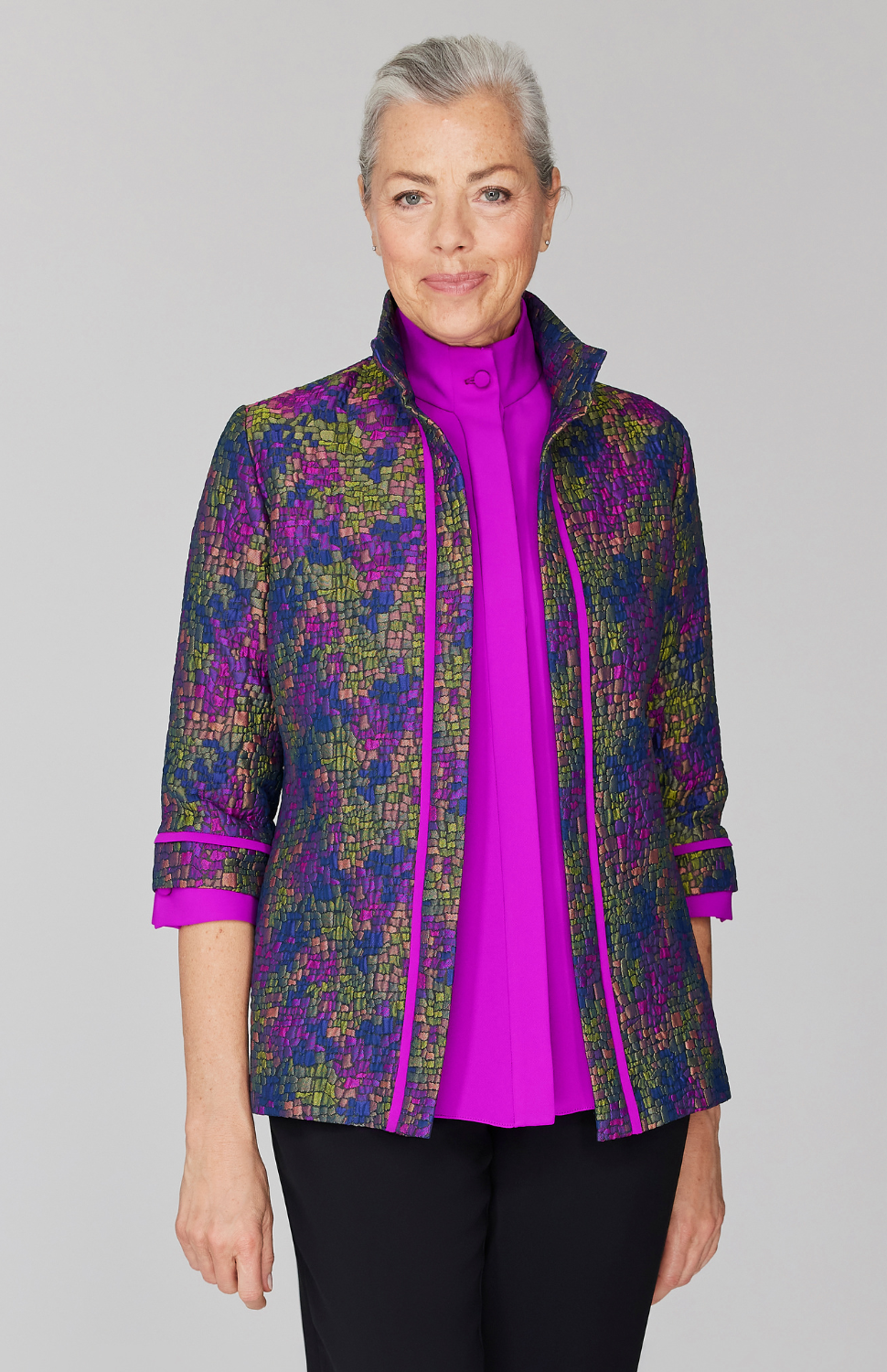 Fabienne is 5' 9" and wearing Magenta Multi in size XS.