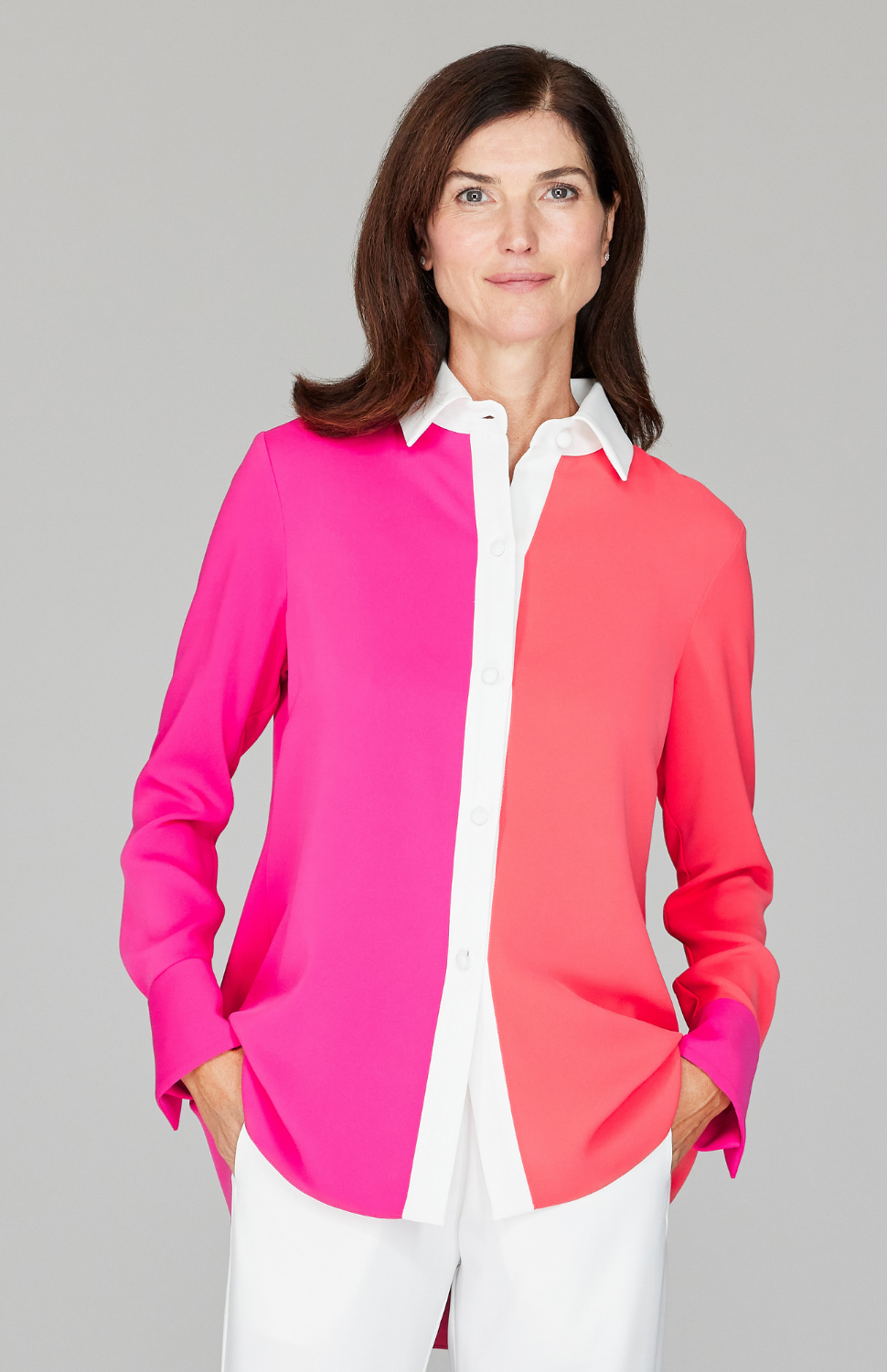 Color Block Lustrous Crepe Back Overlap Shirt