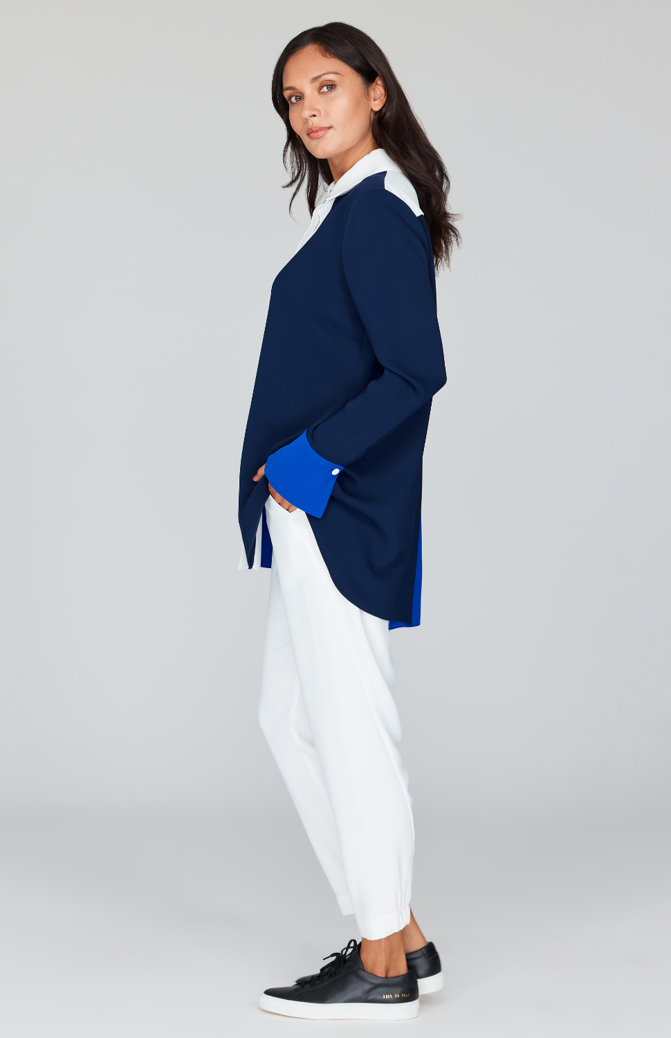 Color Block Lustrous Crepe Back Overlap Shirt