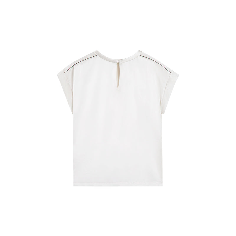 OPEN NECK CAP SLEEVE SILK BLOUSE W/ CHAIN DETAIL