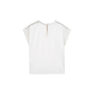 OPEN NECK CAP SLEEVE SILK BLOUSE W/ CHAIN DETAIL