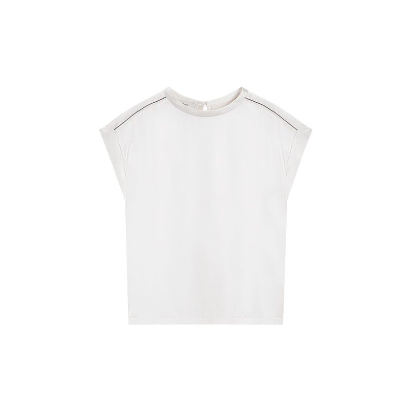 OPEN NECK CAP SLEEVE SILK BLOUSE W/ CHAIN DETAIL