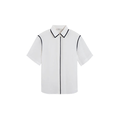 SHORT SLEEVE SILK BLOUSE WITH PIPING DETAILS