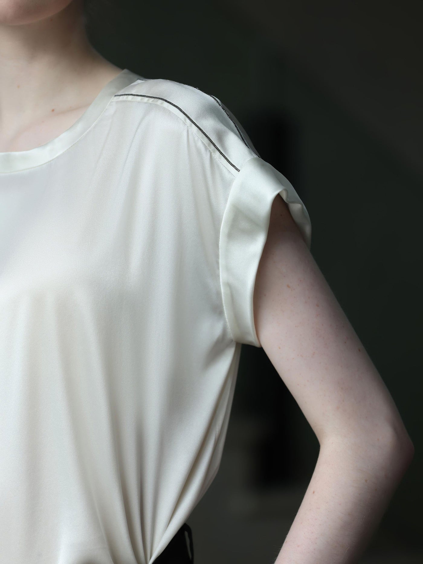 OPEN NECK CAP SLEEVE SILK BLOUSE W/ CHAIN DETAIL