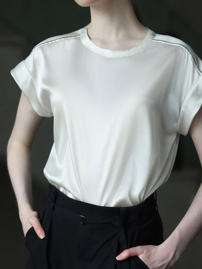 OPEN NECK CAP SLEEVE SILK BLOUSE W/ CHAIN DETAIL