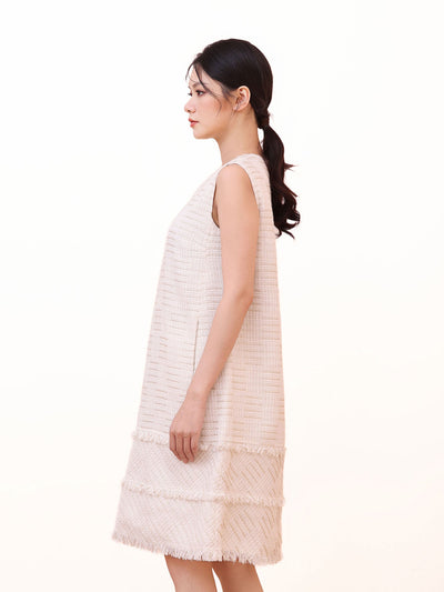 SLEEVELESS TWEED DRESS WITH FRINGE DETAIL