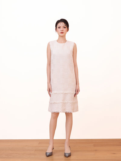SLEEVELESS TWEED DRESS WITH FRINGE DETAIL