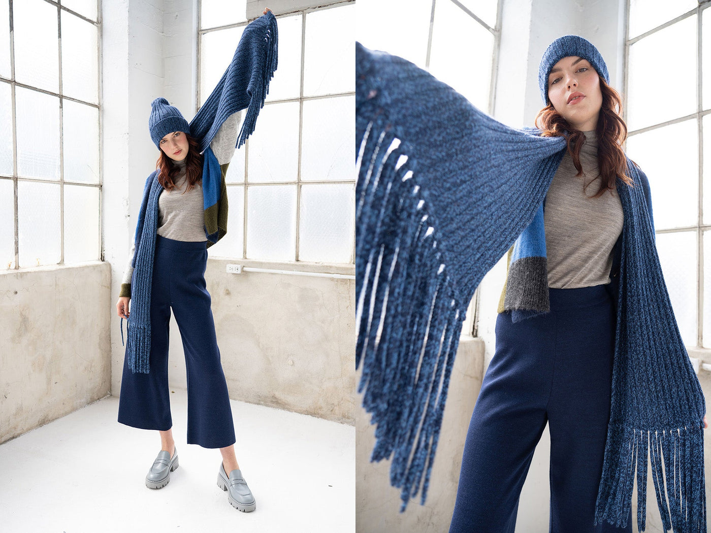 Classic rib-stitch beanie paired with thick fringe scarf both in marled blue. 100% Baby Alpaca. Made in Peru