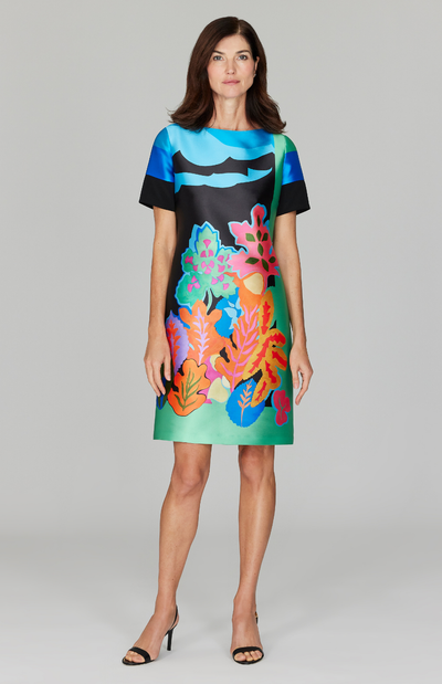 Color Block Floral Short Sleeve Sheath Dress