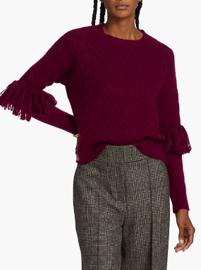 NOVELTY STITCH PULLOVER WITH FRINGE AT SLEEVES