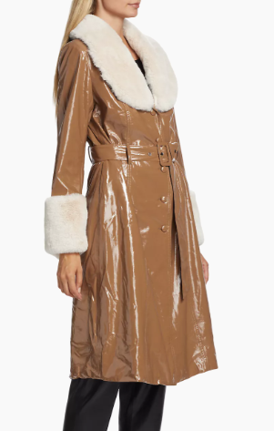 VEGAN LIQUID LEATHER TRENCH COAT WITH FUR TRIMS